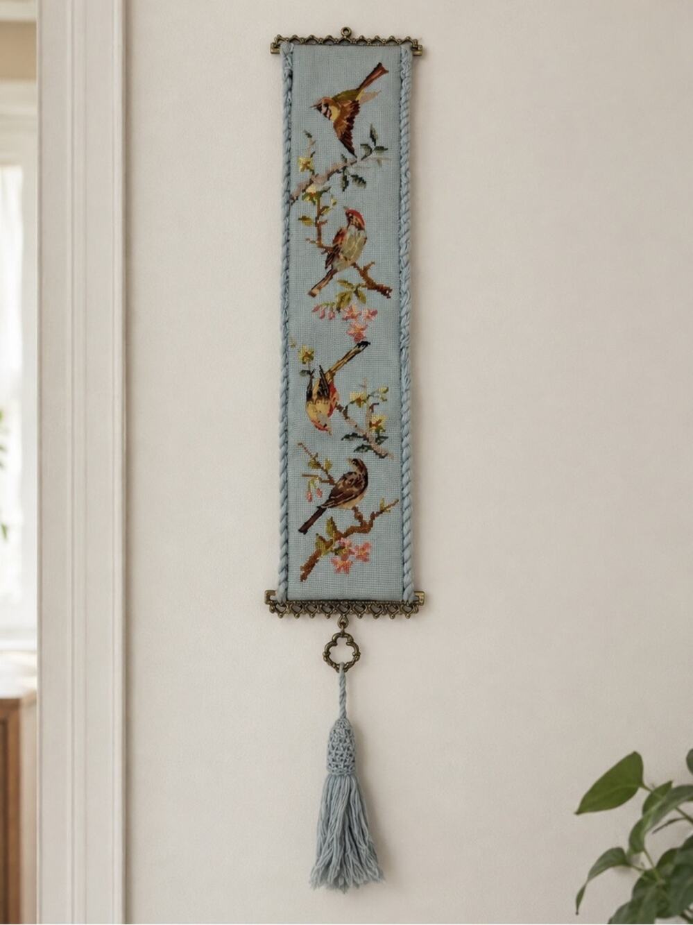 Vintage Needlepoint Bird Wall Hanging Blue Floral Bell Pull Brass Tone Tassel